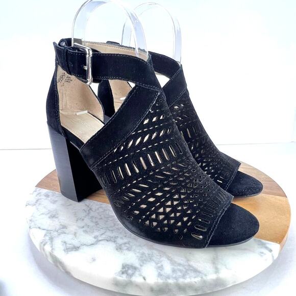 EUC Marc Fisher Geela Leather Open Toe Casual Strappy Chunky Black Womens Heel 7 - Picture 1 of 10